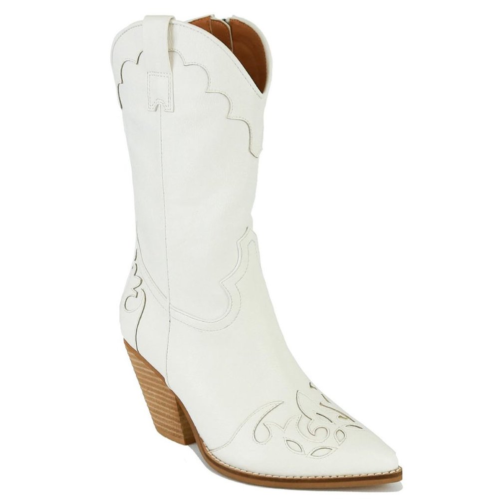 NEW White Western Cowgirl Cutout Applique Pointy Toe Block Heel Mid Calf Boots - Picture 12 of 12